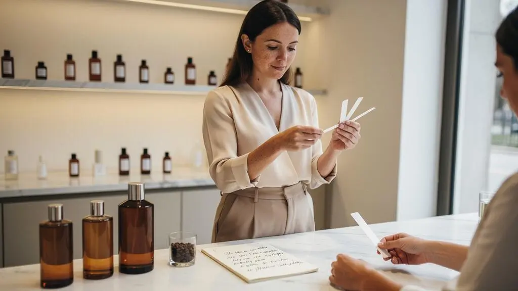 Conseillère en parfumerie présentant des mouillettes de test à une cliente dans une boutique spécialisée en fragrances de niche