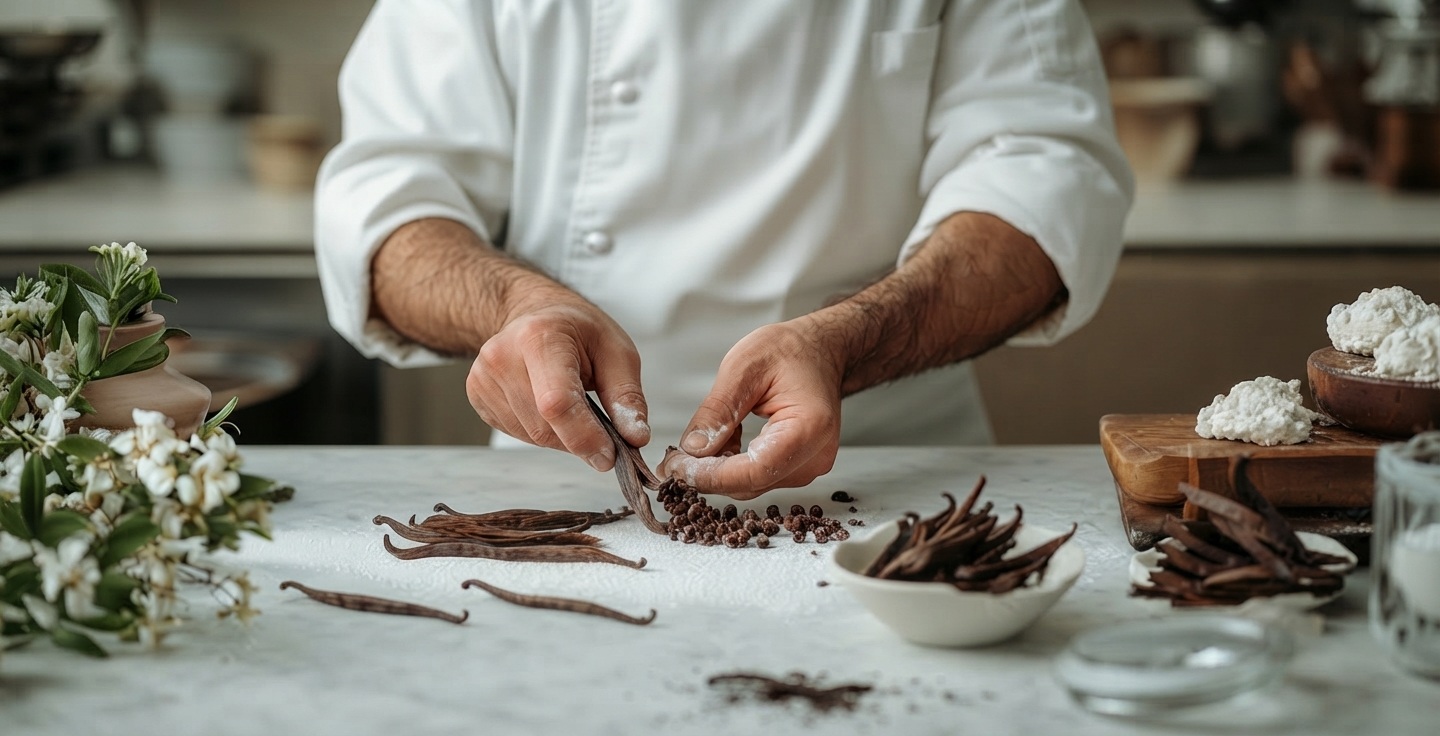 Split vanilla pods macerating in alcohol inside a glass container in a perfumery laboratory.