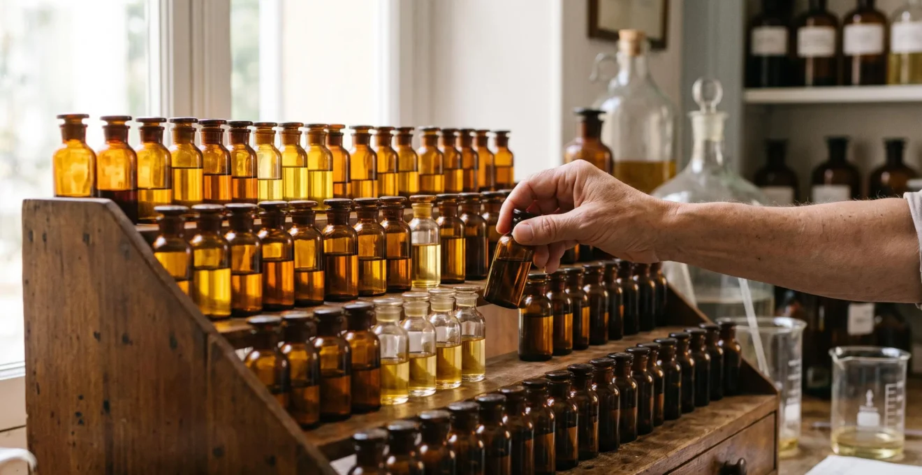 Perfumer's hand selecting an essence bottle from a traditional wooden perfumer's organ in a niche perfumery workshop.
