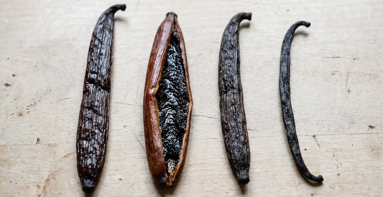 Different varieties of natural vanilla pods including one split open showing seeds, arranged for comparison.